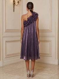 A-Line/Princess One Shoulder Organza Tea-Length Cocktail Dresses with Ruffles, Tiered Layers & Pleats