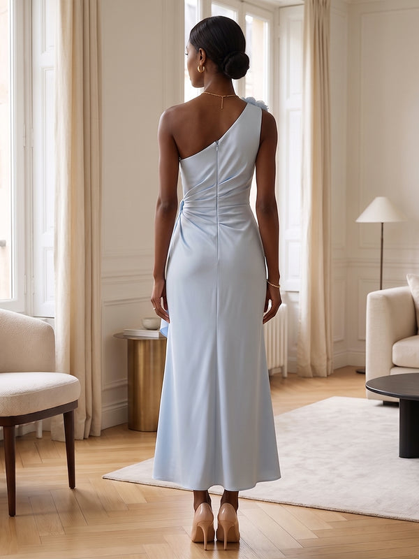Sheath/Column Satin One Shoulder Tea-Length Cocktail Dresses with 3D Flowers, Ruffles & Ruched Waist