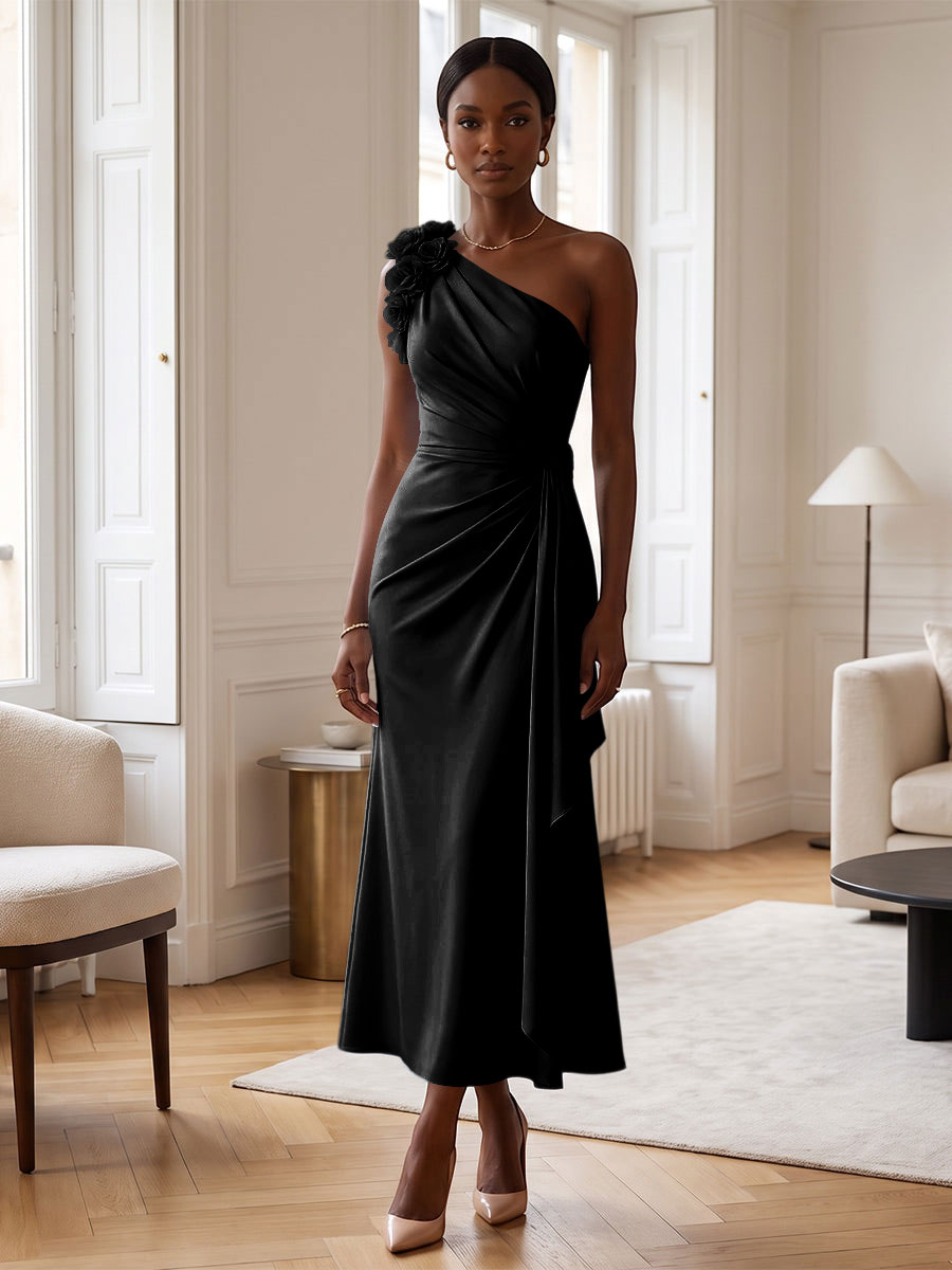 Sheath/Column Satin One Shoulder Tea-Length Cocktail Dresses with 3D Flowers, Ruffles & Ruched Waist