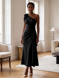 Sheath/Column Satin One Shoulder Tea-Length Cocktail Dresses with 3D Flowers, Ruffles & Ruched Waist