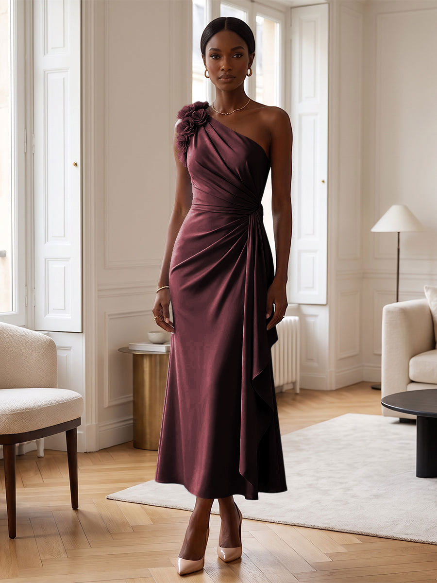 Sheath/Column Satin One Shoulder Tea-Length Cocktail Dresses with 3D Flowers, Ruffles & Ruched Waist