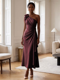 Sheath/Column Satin One Shoulder Tea-Length Cocktail Dresses with 3D Flowers, Ruffles & Ruched Waist