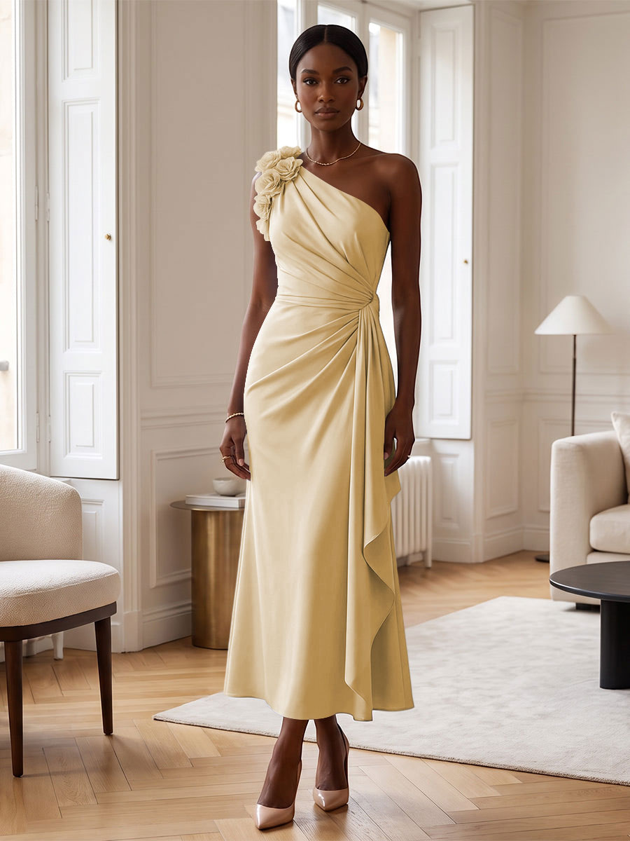 Sheath/Column Satin One Shoulder Tea-Length Cocktail Dresses with 3D Flowers, Ruffles & Ruched Waist