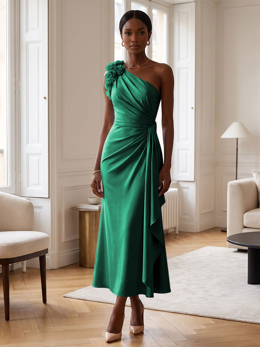 Sheath/Column Satin One Shoulder Tea-Length Cocktail Dresses with 3D Flowers, Ruffles & Ruched Waist