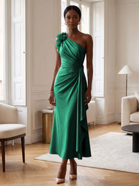 Sheath/Column Satin One Shoulder Tea-Length Cocktail Dresses with 3D Flowers, Ruffles & Ruched Waist