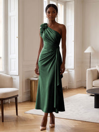 Sheath/Column Satin One Shoulder Tea-Length Cocktail Dresses with 3D Flowers, Ruffles & Ruched Waist