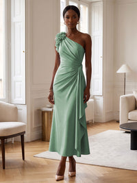 Sheath/Column Satin One Shoulder Tea-Length Cocktail Dresses with 3D Flowers, Ruffles & Ruched Waist