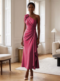Sheath/Column Satin One Shoulder Tea-Length Cocktail Dresses with 3D Flowers, Ruffles & Ruched Waist
