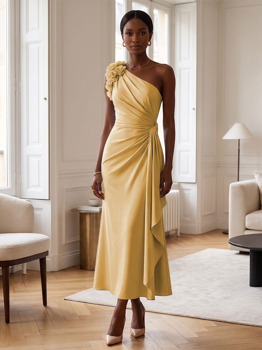 Sheath/Column Satin One Shoulder Tea-Length Cocktail Dresses with 3D Flowers, Ruffles & Ruched Waist