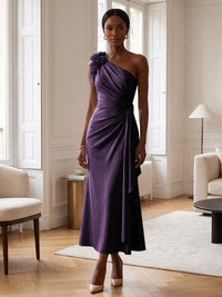 Sheath/Column Satin One Shoulder Tea-Length Cocktail Dresses with 3D Flowers, Ruffles & Ruched Waist