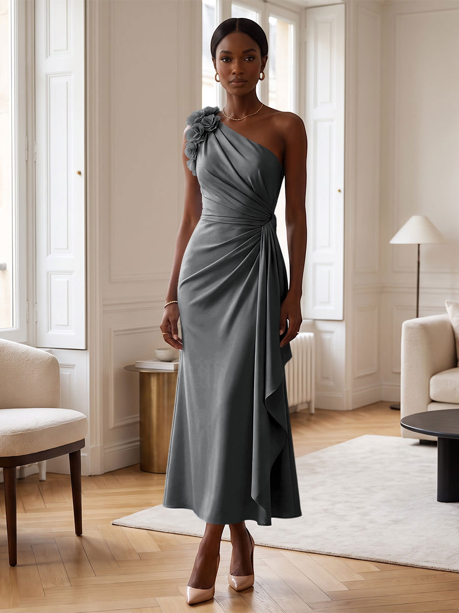 Sheath/Column Satin One Shoulder Tea-Length Cocktail Dresses with 3D Flowers, Ruffles & Ruched Waist