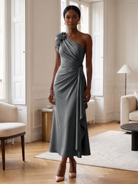 Sheath/Column Satin One Shoulder Tea-Length Cocktail Dresses with 3D Flowers, Ruffles & Ruched Waist