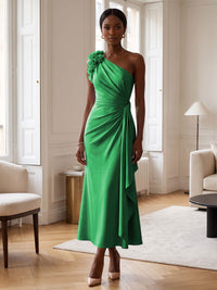 Sheath/Column Satin One Shoulder Tea-Length Cocktail Dresses with 3D Flowers, Ruffles & Ruched Waist