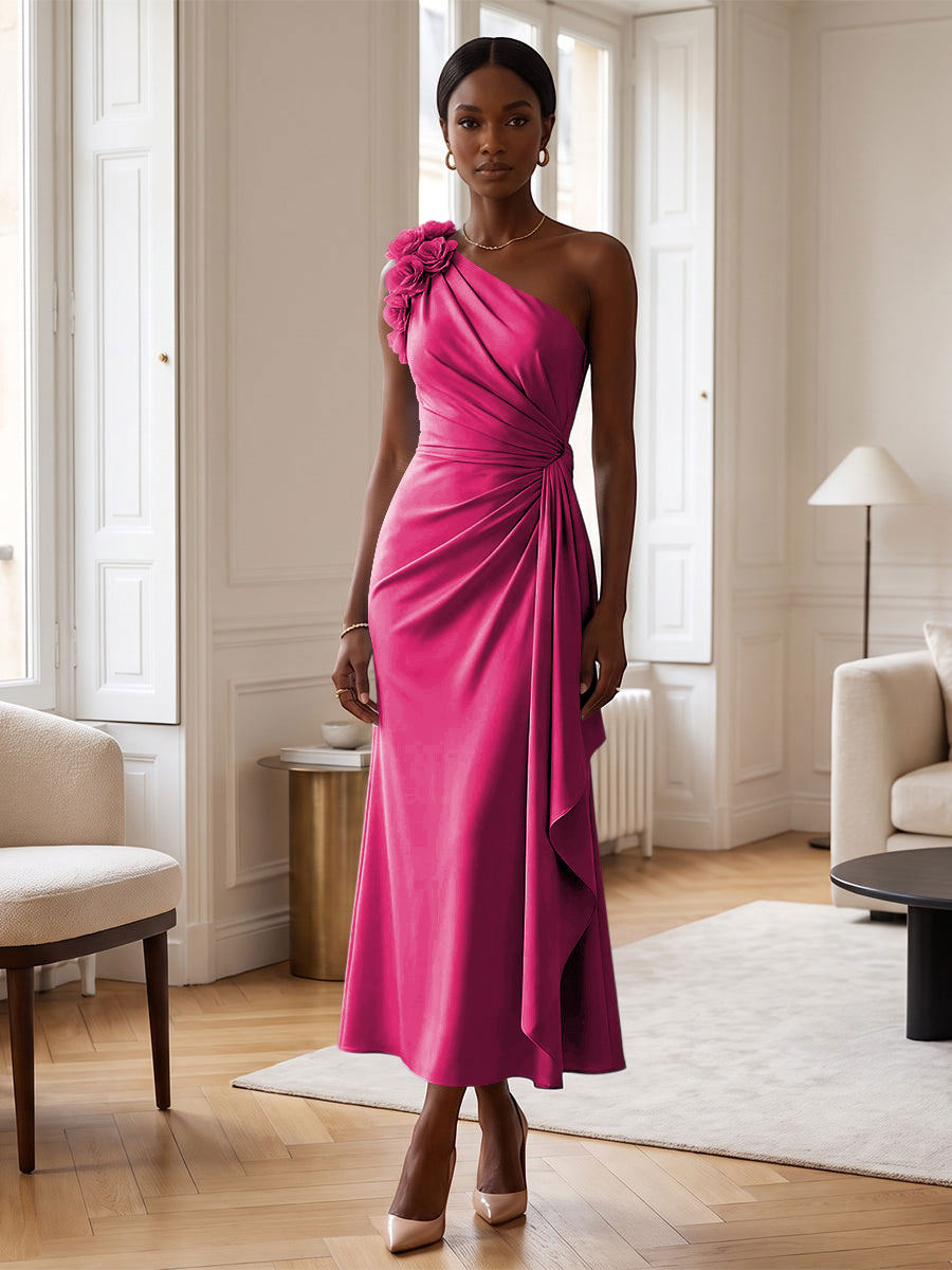 Sheath/Column Satin One Shoulder Tea-Length Cocktail Dresses with 3D Flowers, Ruffles & Ruched Waist