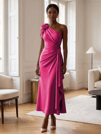Sheath/Column Satin One Shoulder Tea-Length Cocktail Dresses with 3D Flowers, Ruffles & Ruched Waist