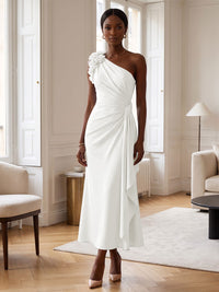 Sheath/Column Satin One Shoulder Tea-Length Cocktail Dresses with 3D Flowers, Ruffles & Ruched Waist