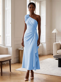 Sheath/Column Satin One Shoulder Tea-Length Cocktail Dresses with 3D Flowers, Ruffles & Ruched Waist