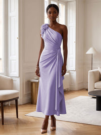 Sheath/Column Satin One Shoulder Tea-Length Cocktail Dresses with 3D Flowers, Ruffles & Ruched Waist