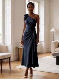 Sheath/Column Satin One Shoulder Tea-Length Cocktail Dresses with 3D Flowers, Ruffles & Ruched Waist