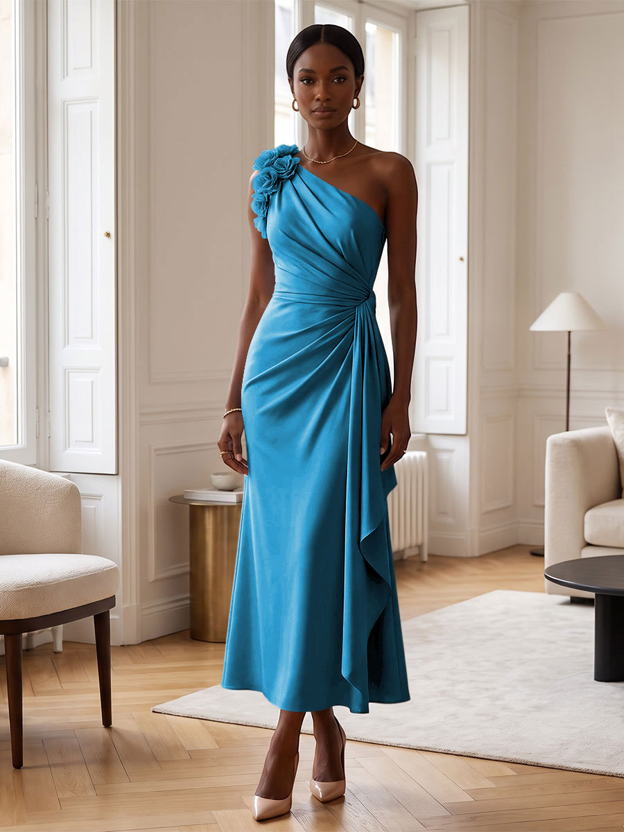 Sheath/Column Satin One Shoulder Tea-Length Cocktail Dresses with 3D Flowers, Ruffles & Ruched Waist