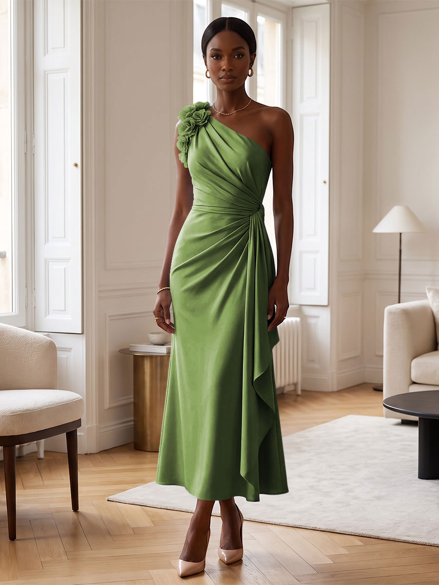Sheath/Column Satin One Shoulder Tea-Length Cocktail Dresses with 3D Flowers, Ruffles & Ruched Waist