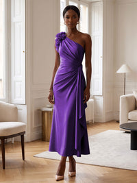 Sheath/Column Satin One Shoulder Tea-Length Cocktail Dresses with 3D Flowers, Ruffles & Ruched Waist
