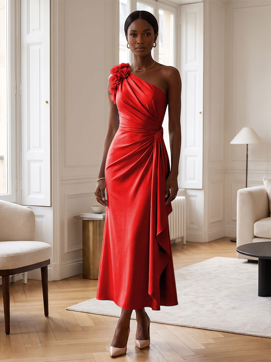 Sheath/Column Satin One Shoulder Tea-Length Cocktail Dresses with 3D Flowers, Ruffles & Ruched Waist