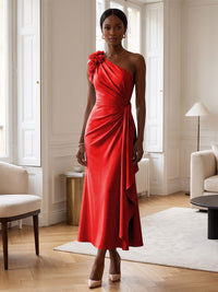 Sheath/Column Satin One Shoulder Tea-Length Cocktail Dresses with 3D Flowers, Ruffles & Ruched Waist