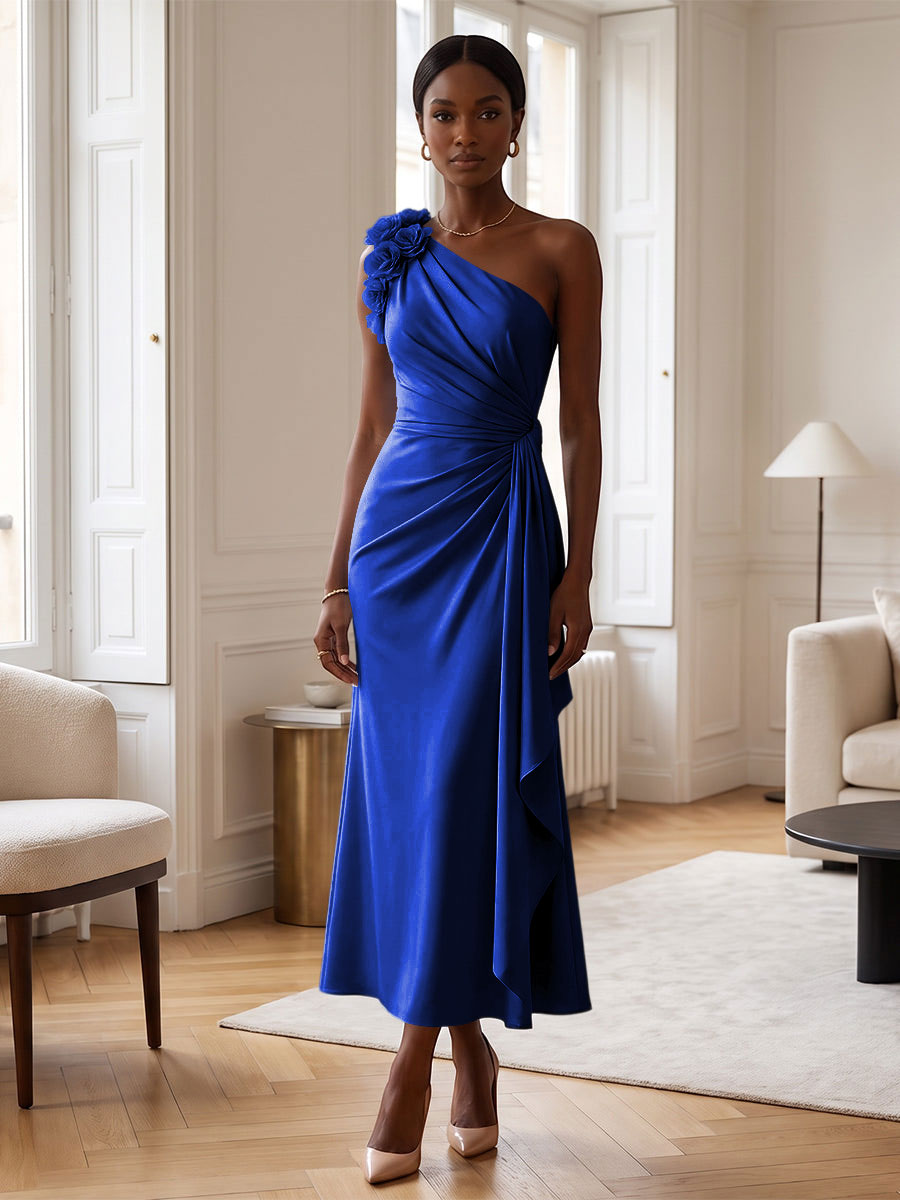 Sheath/Column Satin One Shoulder Tea-Length Cocktail Dresses with 3D Flowers, Ruffles & Ruched Waist
