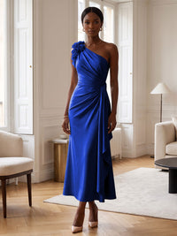 Sheath/Column Satin One Shoulder Tea-Length Cocktail Dresses with 3D Flowers, Ruffles & Ruched Waist