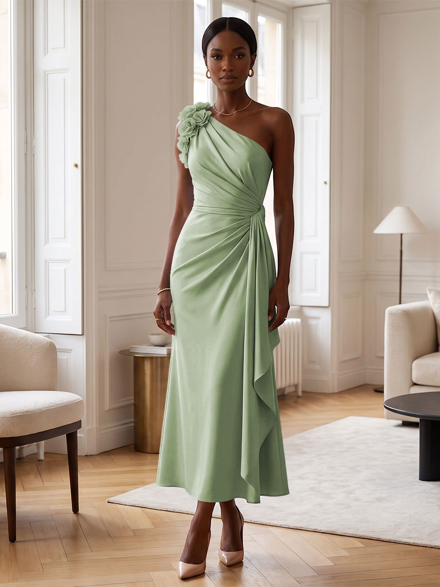 Sheath/Column Satin One Shoulder Tea-Length Cocktail Dresses with 3D Flowers, Ruffles & Ruched Waist