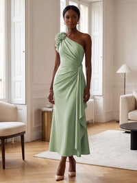 Sheath/Column Satin One Shoulder Tea-Length Cocktail Dresses with 3D Flowers, Ruffles & Ruched Waist