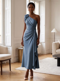 Sheath/Column Satin One Shoulder Tea-Length Cocktail Dresses with 3D Flowers, Ruffles & Ruched Waist
