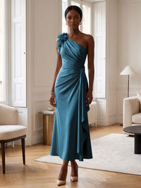 Sheath/Column Satin One Shoulder Tea-Length Cocktail Dresses with 3D Flowers, Ruffles & Ruched Waist