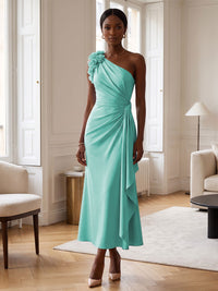 Sheath/Column Satin One Shoulder Tea-Length Cocktail Dresses with 3D Flowers, Ruffles & Ruched Waist