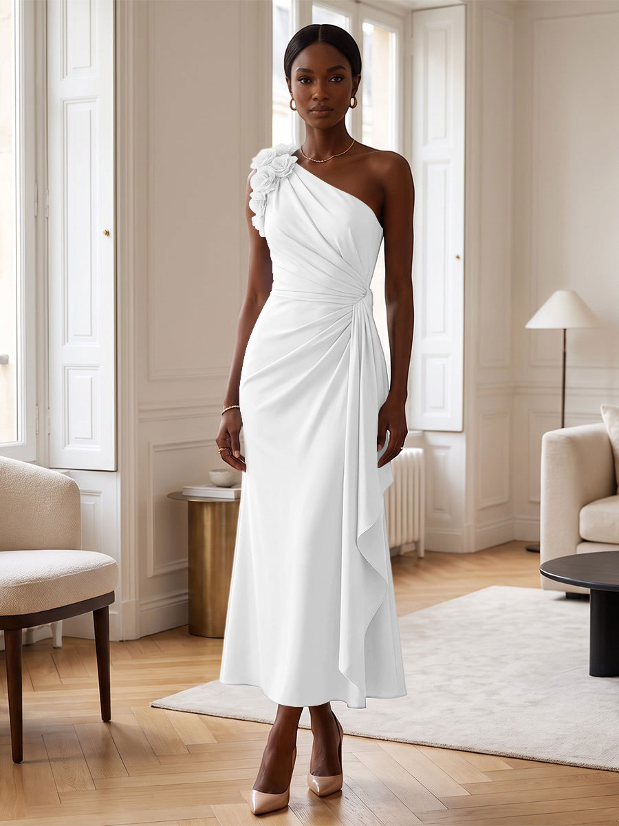 Sheath/Column Satin One Shoulder Tea-Length Cocktail Dresses with 3D Flowers, Ruffles & Ruched Waist