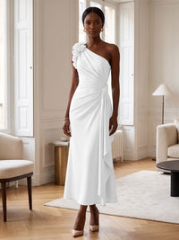 Sheath/Column Satin One Shoulder Tea-Length Cocktail Dresses with 3D Flowers, Ruffles & Ruched Waist