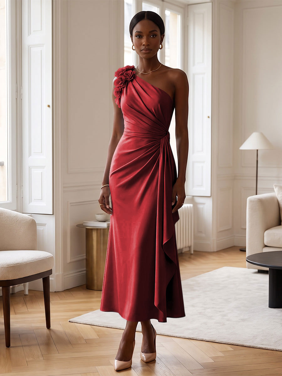 Sheath/Column Satin One Shoulder Tea-Length Cocktail Dresses with 3D Flowers, Ruffles & Ruched Waist