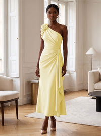 Sheath/Column Satin One Shoulder Tea-Length Cocktail Dresses with 3D Flowers, Ruffles & Ruched Waist