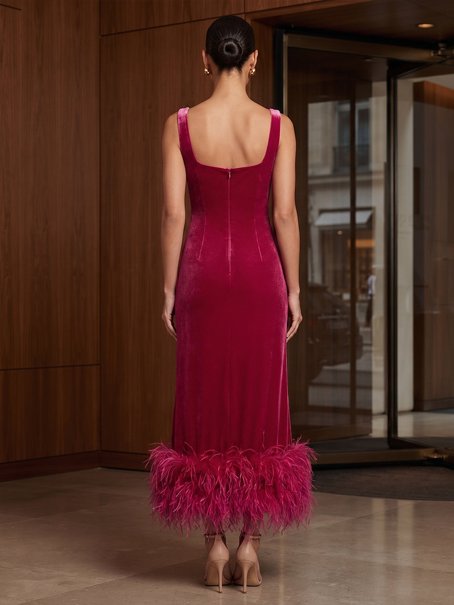 Sheath/Column Square Neck Velvet Tea-Length Cocktail Dresses with Feather Trim