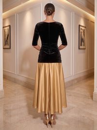 A-Line/Princess V-Neck Velvet Tea-Length Cocktail Dresses with Ruched Waist