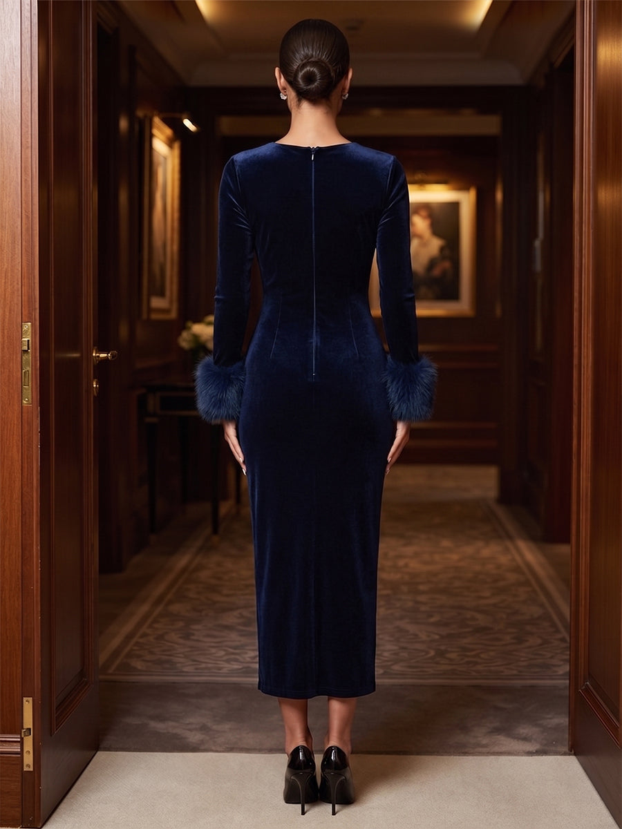 Sheath/Column Scoop Neck Velvet Tea-Length Cocktail Dresses with Fluffy Feather Trim Cuffs
