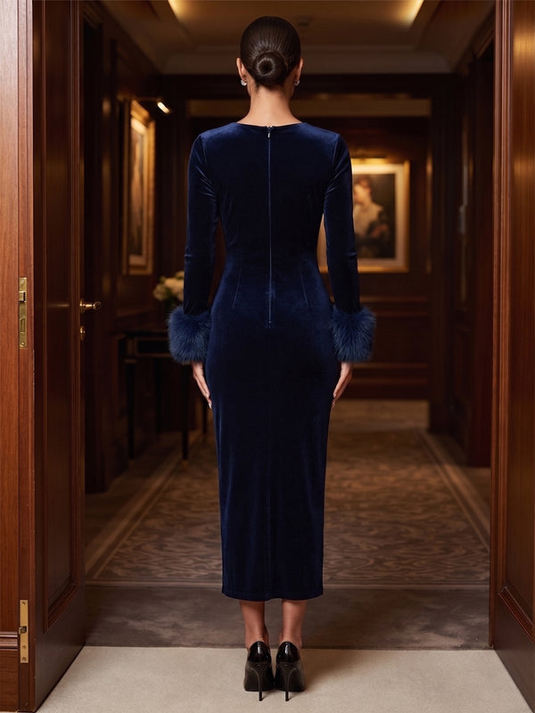 Sheath/Column Scoop Neck Velvet Tea-Length Cocktail Dresses with Fluffy Feather Trim Cuffs