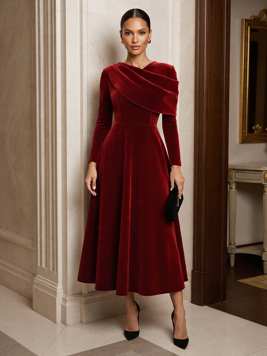 A-Line/Princess Asymmetric Neck Velvet Tea-Length Cocktail Dresses with Pleats