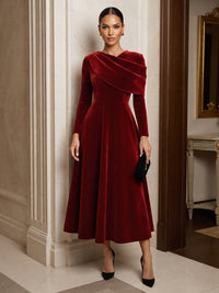A-Line/Princess Asymmetric Neck Velvet Tea-Length Cocktail Dresses with Pleats