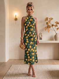 Sheath/Column Halter Jacquard Tea-Length Cocktail Dresses with Ruched Waist