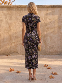 Sheath/Column V-Neck Velvet Tea-Length Cocktail Dresses with Ruched Waist