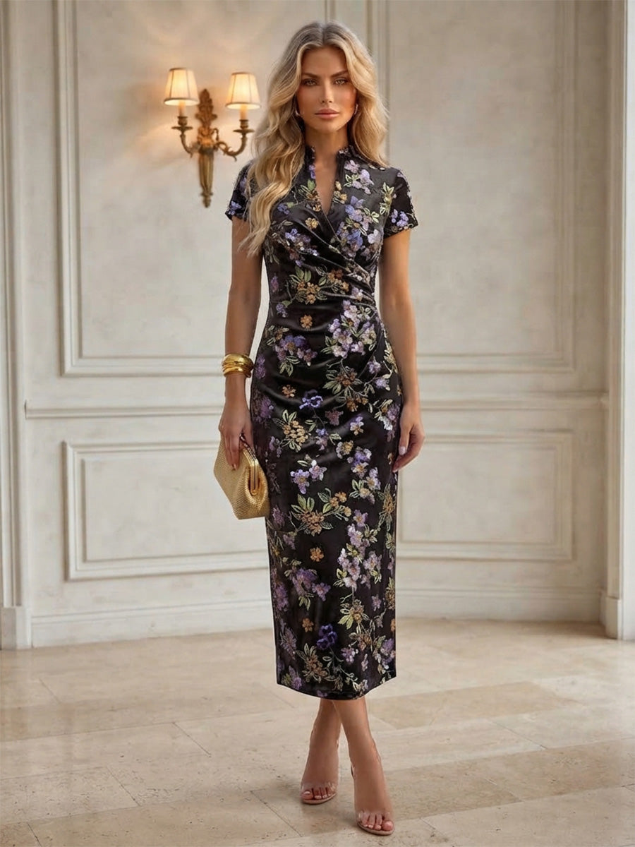 Sheath/Column V-Neck Velvet Tea-Length Cocktail Dresses with Ruched Waist