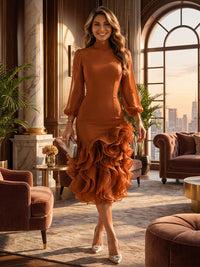 Mermaid/Trumpet High Neck Stretch Jersey Tea-Length Cocktail Dresses with Tiered Layers & Ruffles