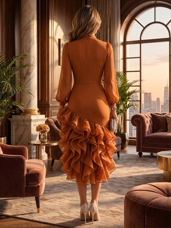 Mermaid/Trumpet High Neck Stretch Jersey Tea-Length Cocktail Dresses with Tiered Layers & Ruffles